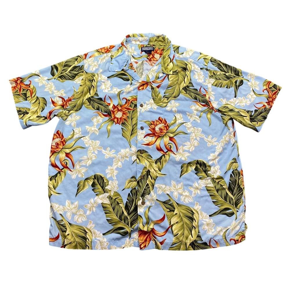 Lands End Mens XL Blue Floral Rayon Hawaiian Tropical Short Sleeve Camp Shirt‎